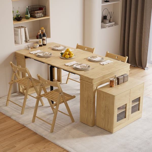 Modern Extendable Dining Table Rectangle Sideboard with Storage in Natural & Gray