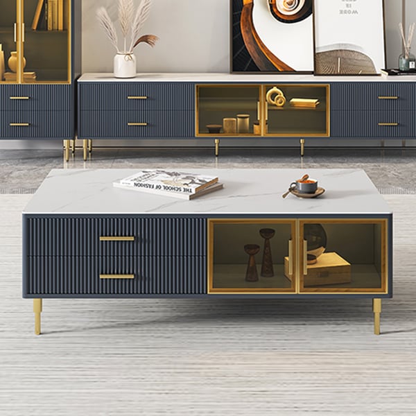 Modern Blue Coffee Table with 2 Glass Door Storage & 4 Drawers Gold Metal Legs