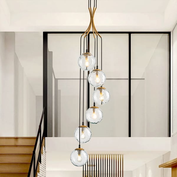 6-Light LED Glass Entryway Foyer Bubble Chandelier Tiered Long Pendant Light in Gold