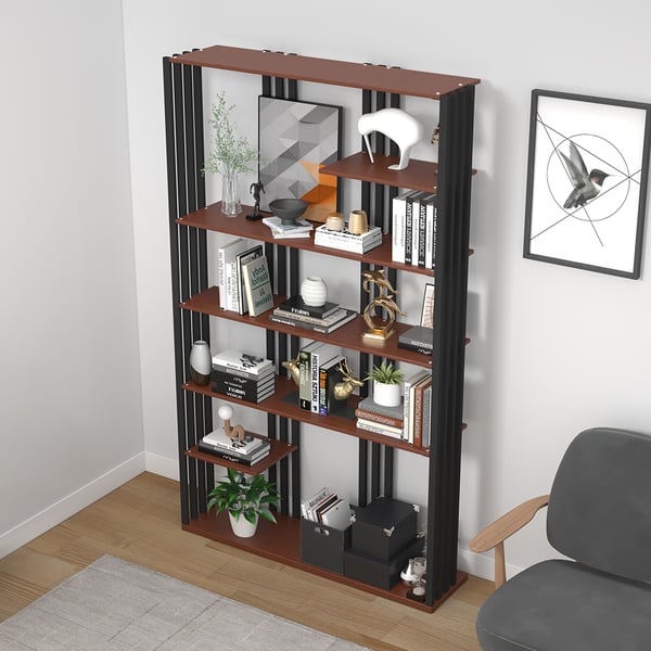 78" Industrial Black Walnut Etagere Bookshelf Display Shelving Tall Book Shelf in Steel