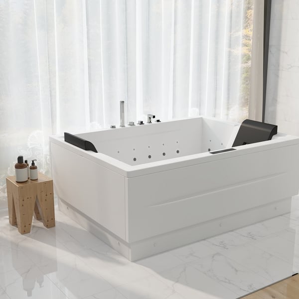71" Modern Acrylic Corner Bathtub Whirlpool Air Massage 3 Sided Apron Tub in White Chromatherapy LED
