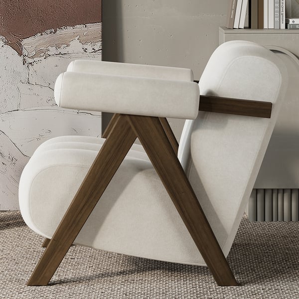 Japandi Beige Accent Chair Velvet Upholstery Armchair with Walnut Frame for Living Room