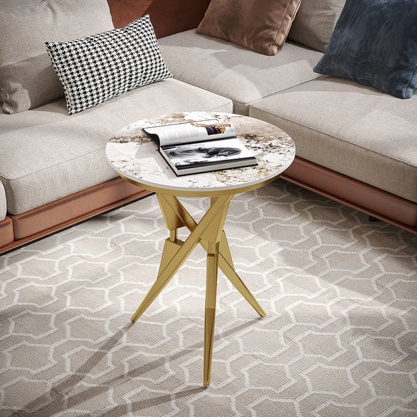  Modern White & Gold Round Side Table with Sintered Stone Tabletop End Table Metal Base