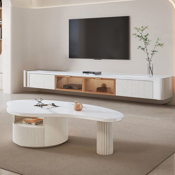 Wall-Mounted Fluted TV Stand with 2 Drawers and Flip Glass Doors Stone Top Media Console