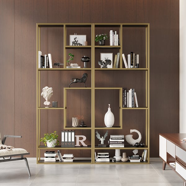 78" Modern Black & Gold Etagere Bookshelf Display 8-Shelf Tall Book Shelf Rich Storage