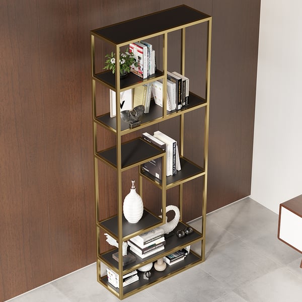 78" Modern Black & Gold Etagere Bookshelf Display 8-Shelf Tall Book Shelf Rich Storage