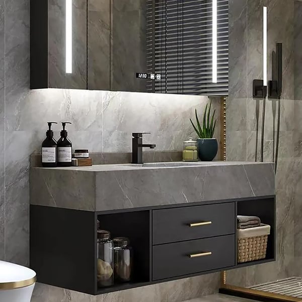 35" Floating Black & Gray Bathroom Vanity with Sintered Stone Vessel Sink with 2 Drawers