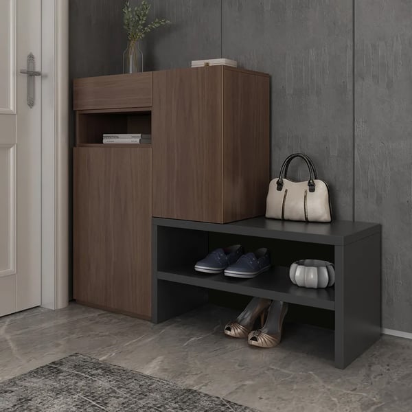 Fero Walnut Corner Shoe Storage Cabinet with 7 Shelves & 1 Drawer Entryway Shoe Storage