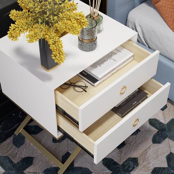 19.7" Modern White Nightstand with 2 Drawers X-Shaped Pedestal