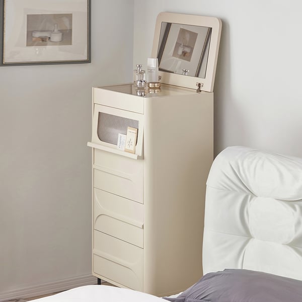 Modern Tall White Narrow Dresser with Flip Top Mirror & Drawers & Jewelry Storage