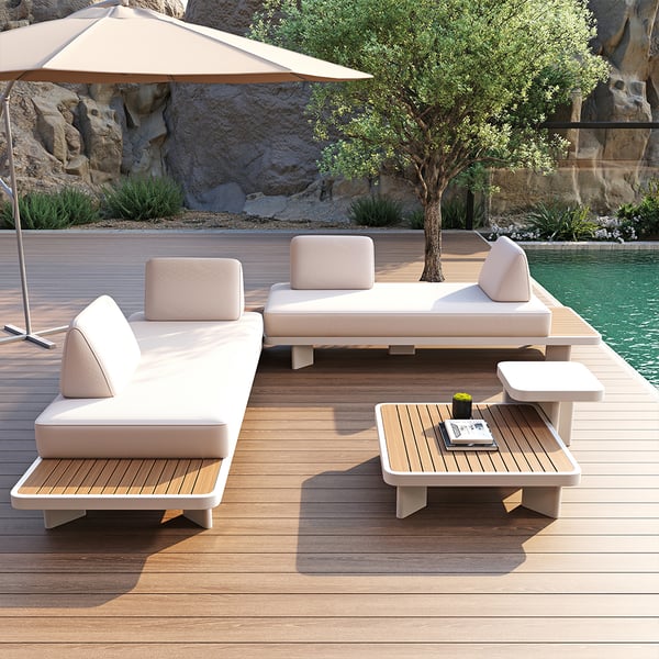 5 Pieces Modern L Shape Outdoor Sectional Sofa Set with Coffee Table in White & Brown