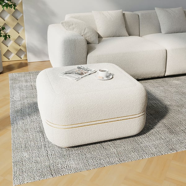 30.3'' White Boucle Coffee Table Ottoman with Gold Rim Square Ottoman Pouf Foot Stool