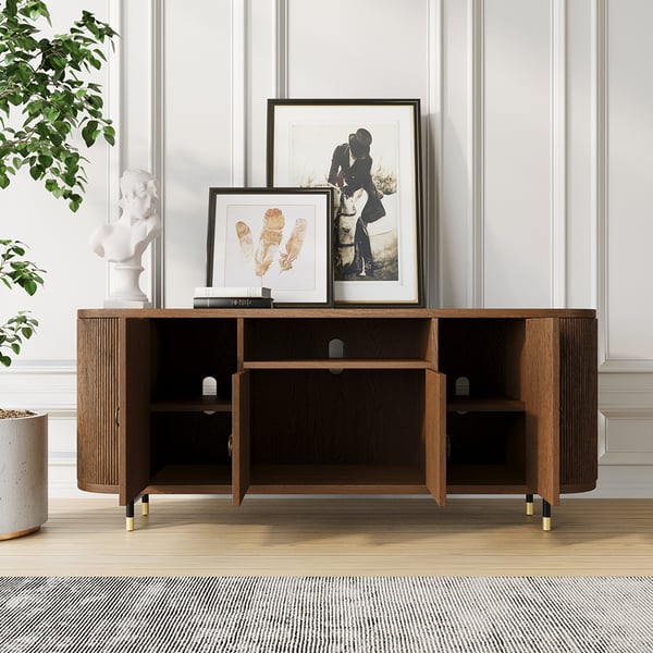 Mid-Century Walnut TV Stand Wood Media Console with 4 Shelves & 4 Doors for 70'' TV