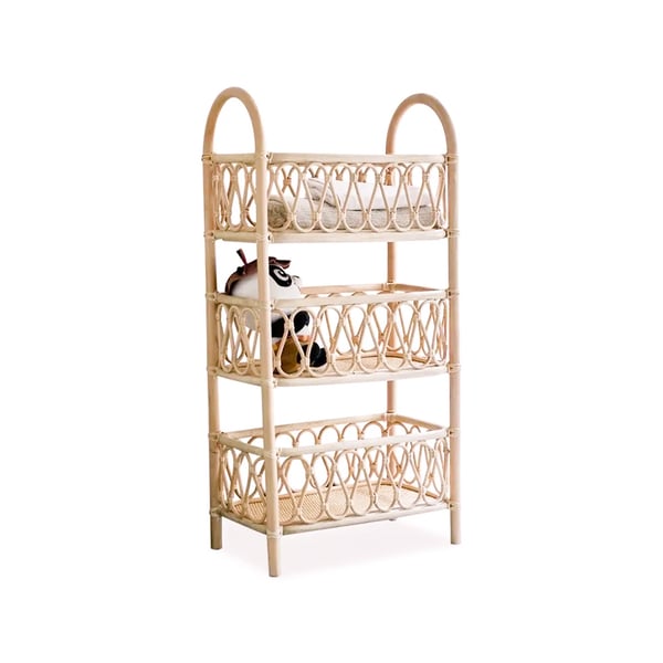 Boho Woven Rattan Bookcase 3-Tier Open Storage Display Shelving Wood in Natural