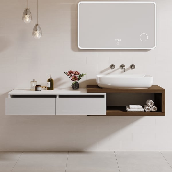 63" Extendable Floating Bathroom Vanity Set Wall Mounted Vanity in White & Walnut