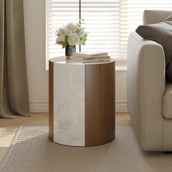 13.8"Dia Modern Drum Side Table Geniune Marble End Table Round Shape Walnut & White