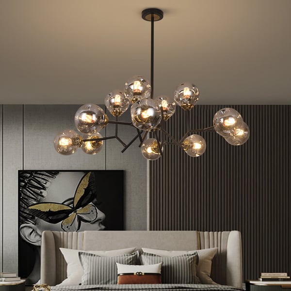 12 Light Black Chandelier with Globe Glass Shade Modern Pendant Light for Living Room
