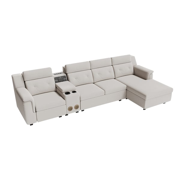 134.6" White Power Reclining Sectional Sofa Pull Out Bed Cup Holder & Speaker & Storage