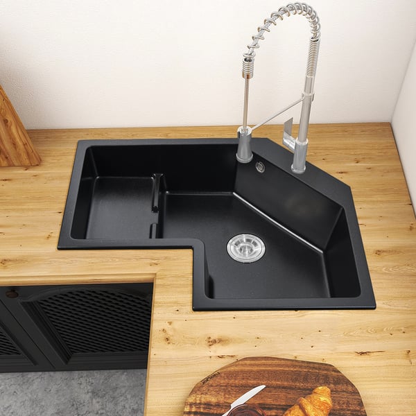 32" Modern Black Drop In Corner Kitchen Sink Single Bowl Quartz Irregular Right Sink