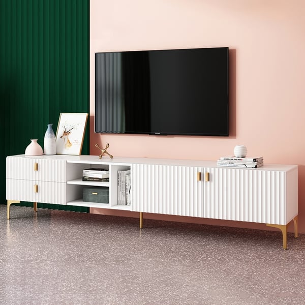 White Wood TV Stand in Gold for TVs up to 85" with 3 Shelves, 2 Drawers, 2 Doors