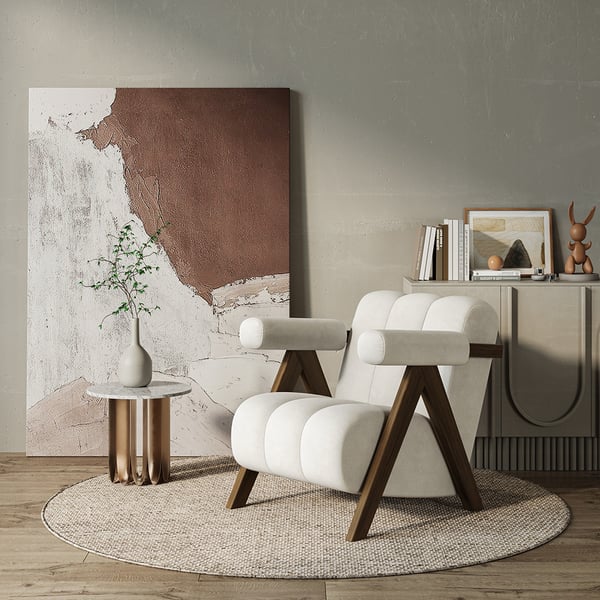 Japandi Beige Accent Chair Velvet Upholstery Armchair with Walnut Frame for Living Room