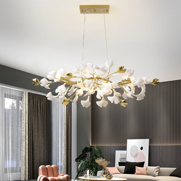 6-Light Art Deco Ginkgo Leaves Chandelier White & Gold Metal Ceiling Light Living Room