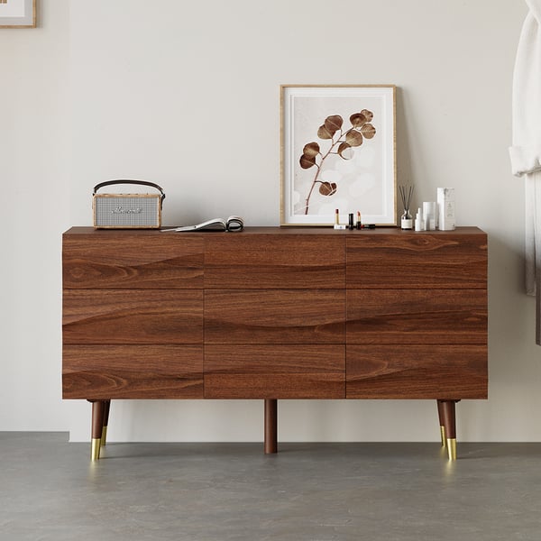 55" Mid Century Modern Walnut Wooden Dresser with 9 Drawers