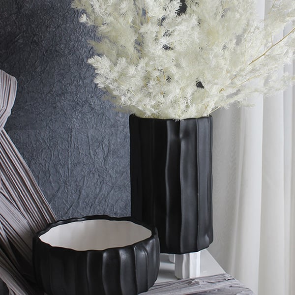 Black & White Cylinder Resin Flower Vase with Vertical Stripes Abstract Geometric Decor