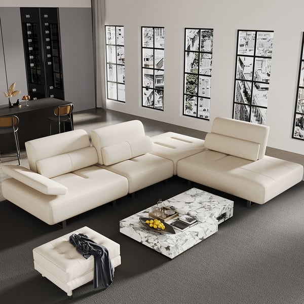 134.6" White Leather Lounge Deep Seat Sectional Sofa with Adjustable Armrest & Backrest
