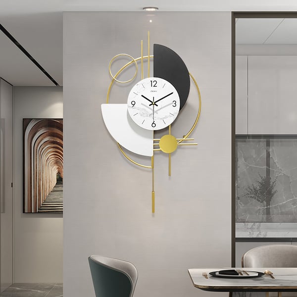 Modern 3D Round Wall Clock Decor Gold Pendulum Geometric Mute Metal Digital Home Clock