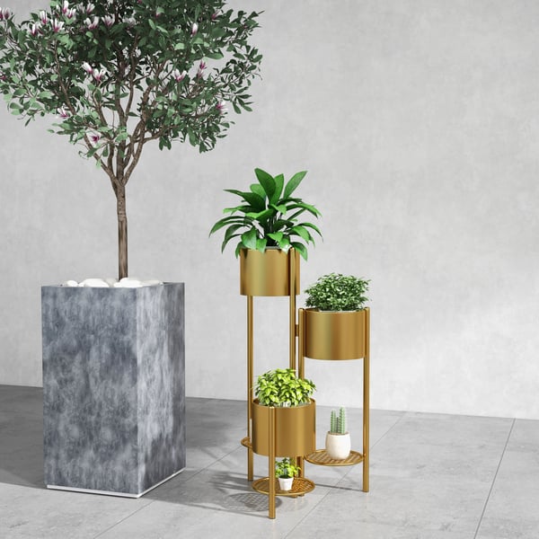 31.4" Tall Metal Plant Stand Indoor Modern 3 Tier Corner Planter in Gold