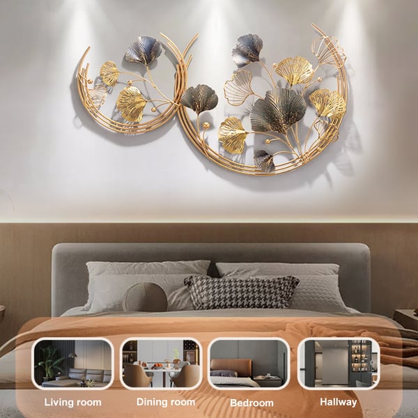 Modern 3D Hollow-out Ginkgo Leaves Wall Decor Home Metal Round Wall Art in Gold & Gray