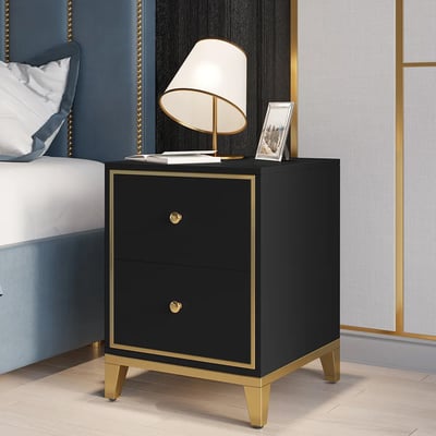 Black Modern Nightstand Bedside Table with 2-Drawer and Gold Legs