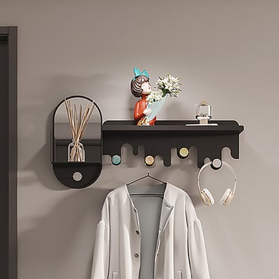 Modern Wall Mounted Coat Rack in Black 5 Hooks & 2 Shelves with Mirror & Metal Frame 