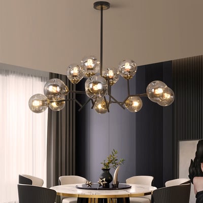 12 Light Black Chandelier with Globe Glass Shade Modern Pendant Light for Living Room