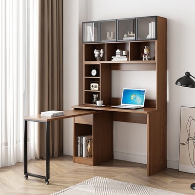 47.2" Walnut Desk with Hutch L-Shaped Rotating Desk with Bookshelf