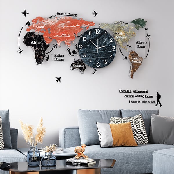 29.1" x 13.4" Modern World Map Wall Clock Acrylic & Glass Home Decor Art Living Room