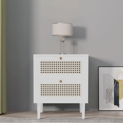 Japandi White Nightstand Rattan Bedside Table with 2 Drawers Solid Wood