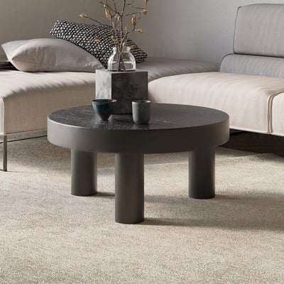 Threeens 23.6" Round Black Pine Wood Coffee Table Center Table for Living Room