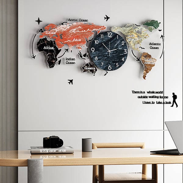 29.1" x 13.4" Modern World Map Wall Clock Acrylic & Glass Home Decor Art Living Room