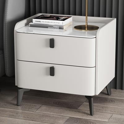 White Nightstand with 2 Drawers Faux Leather Bedside Table with Sintered Stone Top