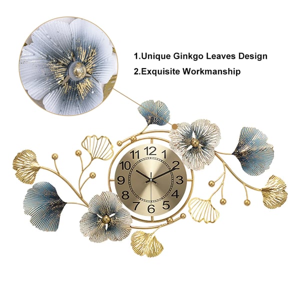 32.7" Light Luxury Creative 3D Metal Ginkgo Leaves Artistic Wall Clock Home Decor Art