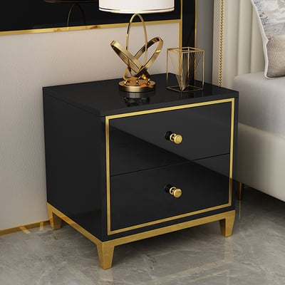 Modern Black MDF Nightstand with 2 Drawers and Stainless Steel Leg